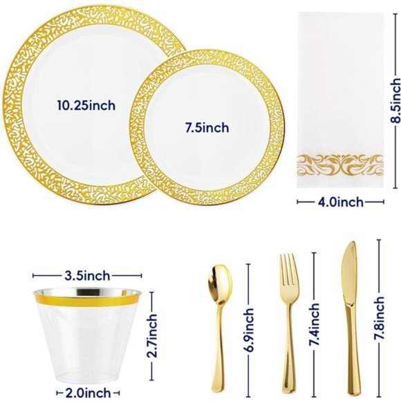 210 Count Gold Plastic Dinnerware, Gold Disposable Plates, Includes: 30 Plates - Picture 2 of 7